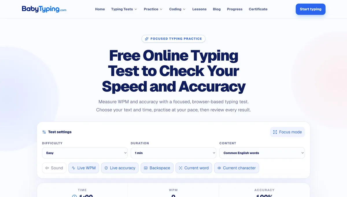 BabyTyping.com screenshot