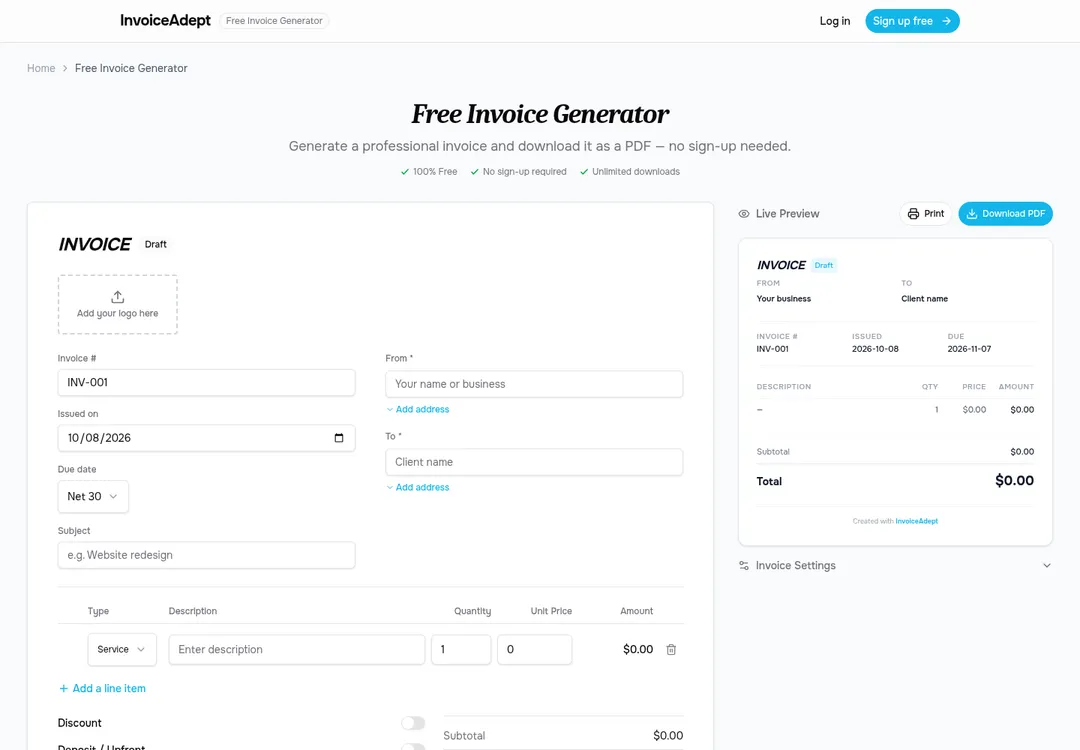 InvoiceAdept Free Invoice Generator screenshot