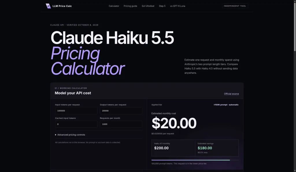 Claude Haiku 5.5 Pricing Calculator screenshot